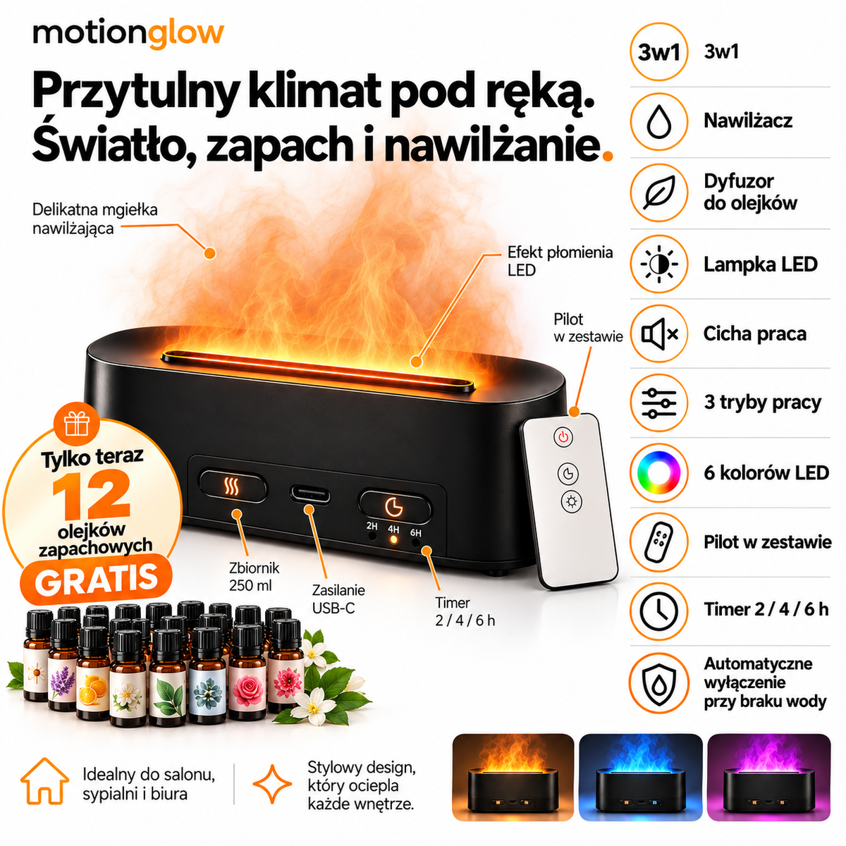 Nawilżacz PREMIUM + 12 OLEJKÓW GRATIS! 🎁